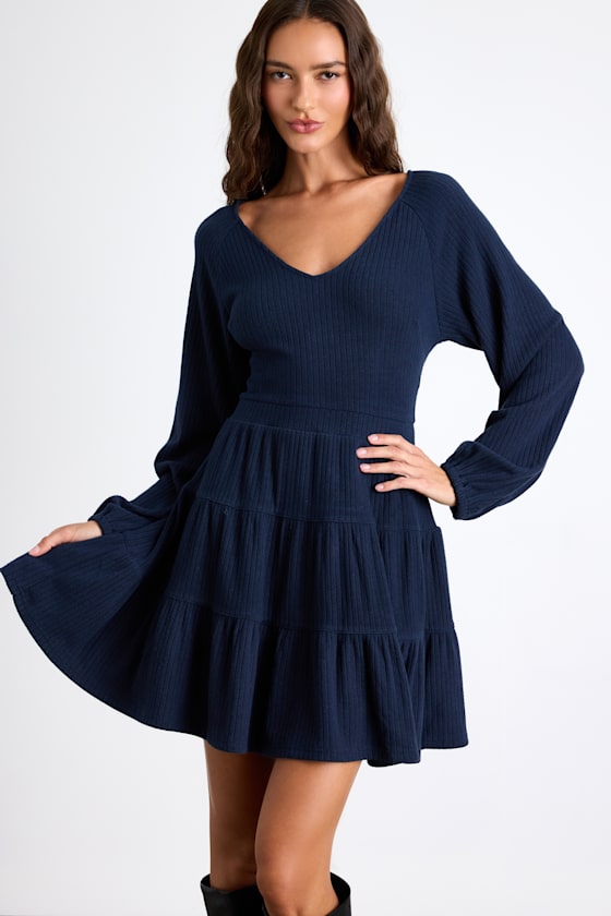 Adorable Option Heather Beige Long Sleeve Mini Sweater Dress #Color_Dark Navy