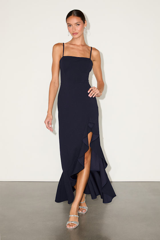 Iveta White Cutout Ruffled Sleeveless Midi Dress #Color_Navy
