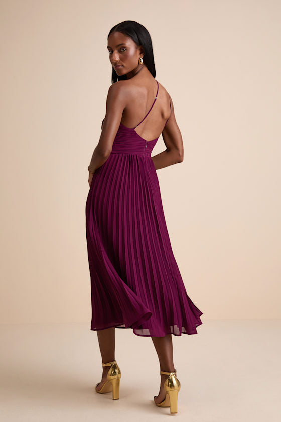 Wondrous Muse Navy Blue Pleated One-Shoulder Midi Dress