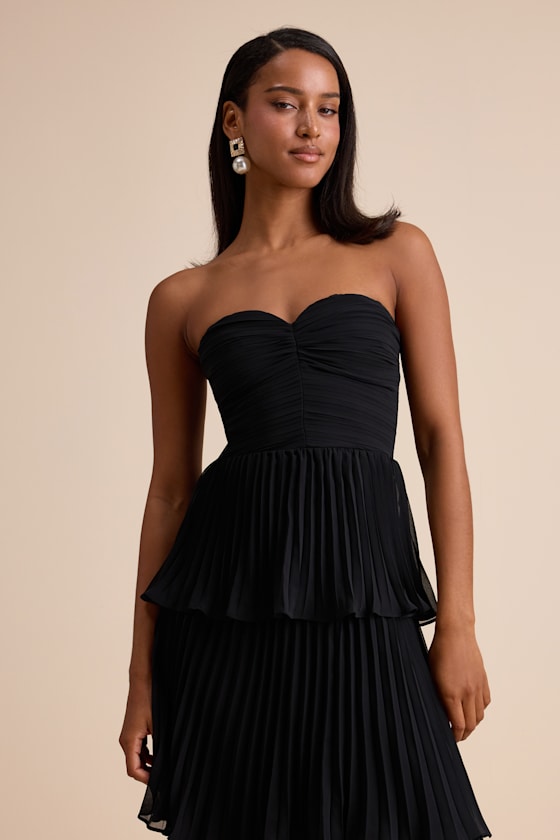 Seriously Sensational Plum Strapless Tiered Midi Dress #Color_Black