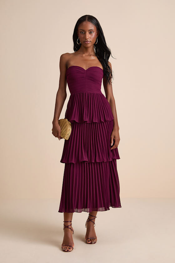 Seriously Sensational Light Blue Strapless Tiered Midi Dress #Color_Plum