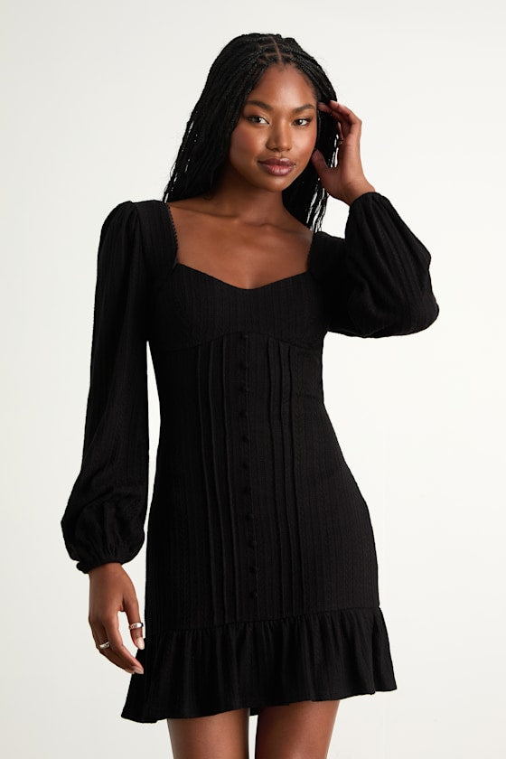 Coveted Sweetness Black Pointelle Knit Long Sleeve Mini Dress #Color_Black