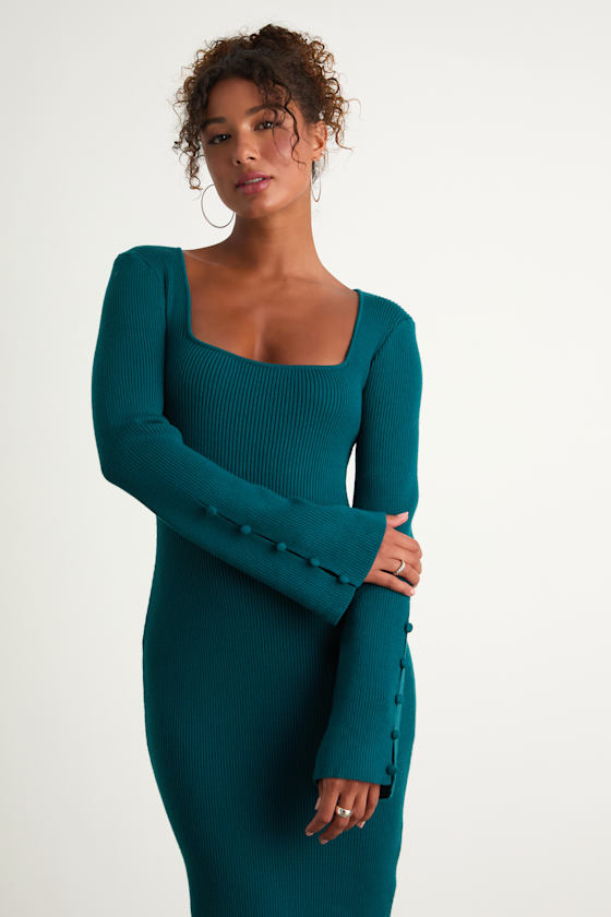 Classy Attitude Beige Ribbed Square Neck Midi Sweater Dress #Color_Emerald
