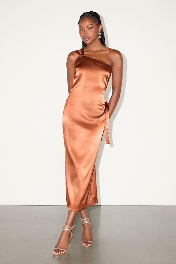 Yvonne Light Pink Satin One-Shoulder Midi Dress