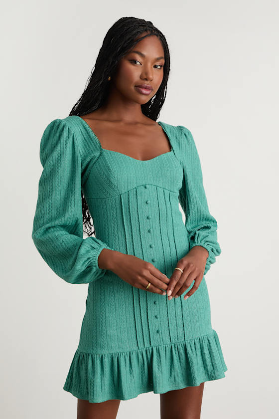 Coveted Sweetness Cream Pointelle Knit Long Sleeve Mini Dress #Color_Teal