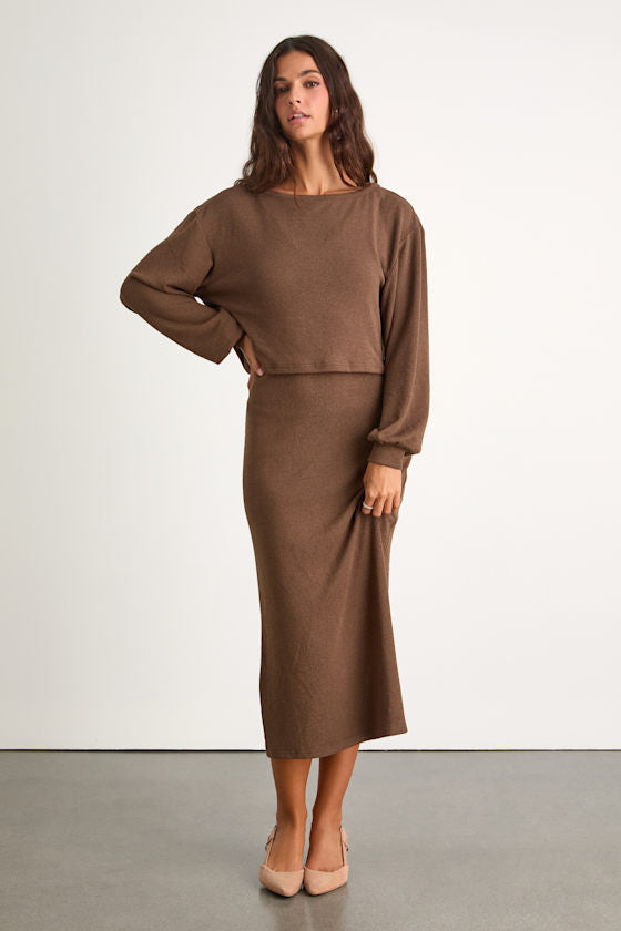 Marvelous Match Ivory Knit Two-Piece Midi Dress & Sweater Set #Color_Brown