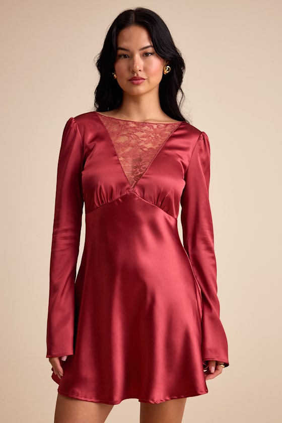 Emberlyn Sage Green Satin Lace Long Sleeve Mini Dress