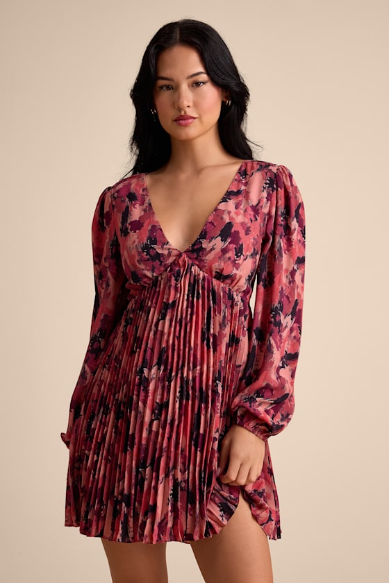 Lowri Pink Multi Abstract Long Sleeve Babydoll Mini Dress #Color_Pink Multi Abstract