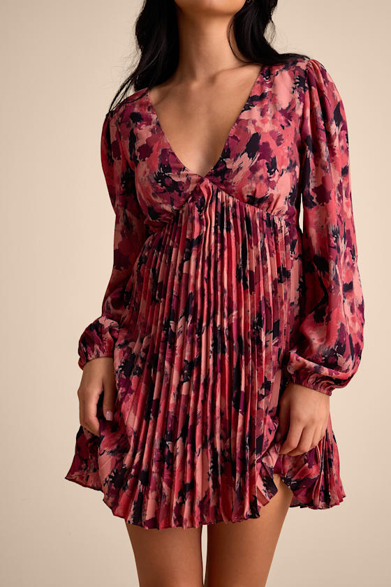Lowri Pink Multi Abstract Long Sleeve Babydoll Mini Dress #Color_Pink Multi Abstract