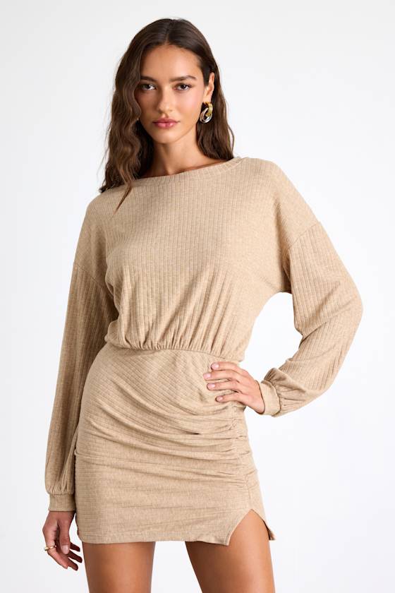 Tionne Light Olive Ribbed Long Sleeve Mini Dress #Color_Heathered Beige