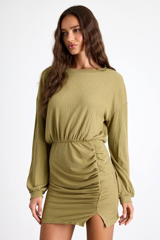 Tionne Light Olive Ribbed Long Sleeve Mini Dress #Color_Light Olive
