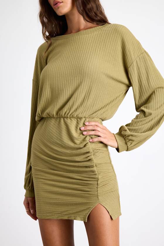 Tionne Light Olive Ribbed Long Sleeve Mini Dress #Color_Light Olive