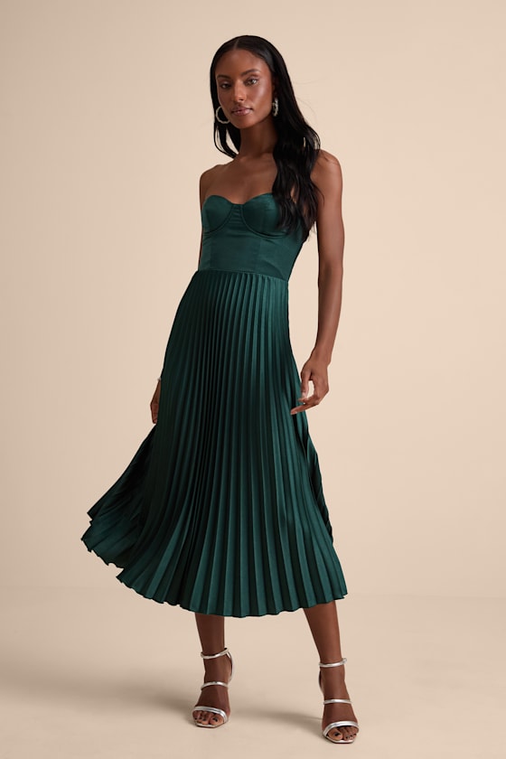 Irelyn Light Brown Satin Bustier Midi Dress #Color_Dark Green