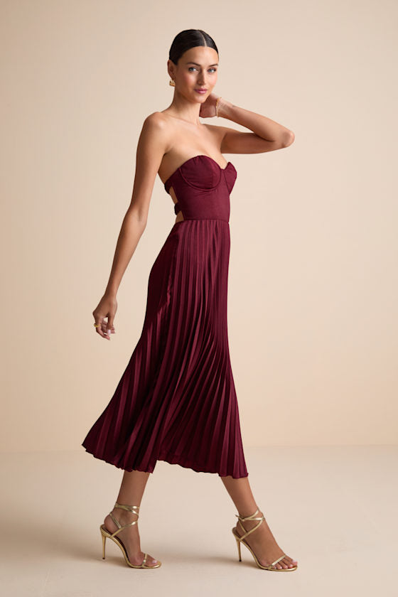 Irelyn White Satin Bustier Midi Dress #Color_Burgundy