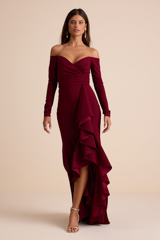 Notorious Perfection Wine Off-the-Shoulder Ruffled Maxi Dress #Color_Wine