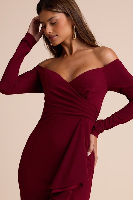 Notorious Perfection Wine Off-the-Shoulder Ruffled Maxi Dress #Color_Wine
