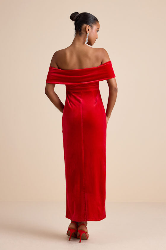 I'm Enchanted Navy Blue Velvet Off-the-Shoulder Maxi Dress