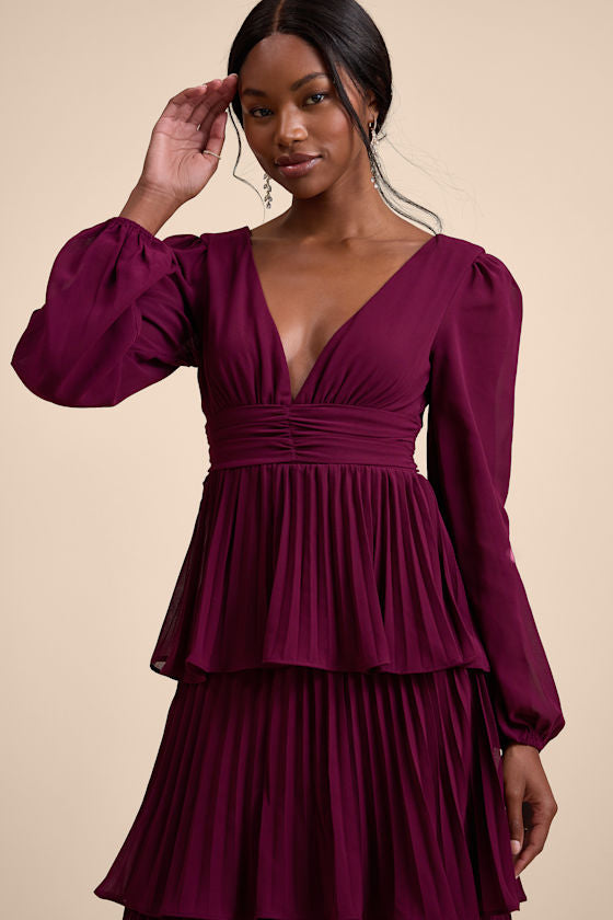 Graceful Finesse Dusty Rose Pleated Long Sleeve Maxi Dress