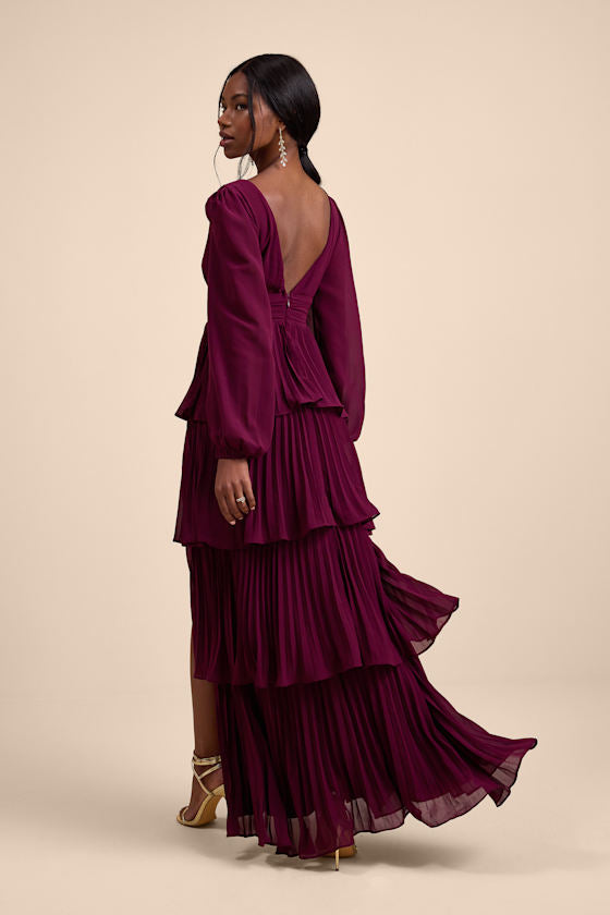 Graceful Finesse Olive Green Pleated Long Sleeve Maxi Dress