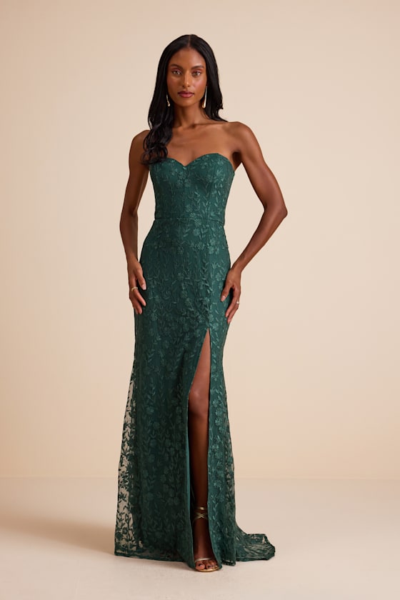 Romantic Beauty Black Floral Embroidered Strapless Maxi Dress #Color_Green
