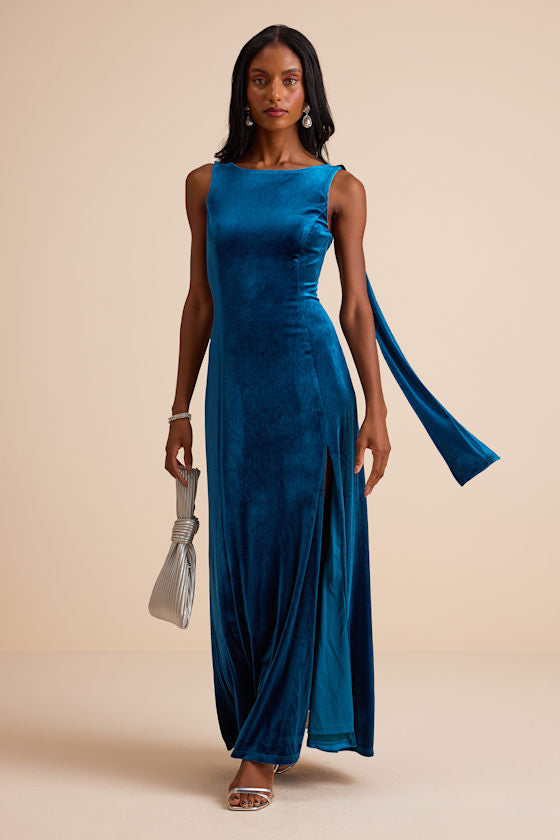 Liora Dark Teal Velvet Boat Neck Sash Maxi Dress #Color_Dark Teal