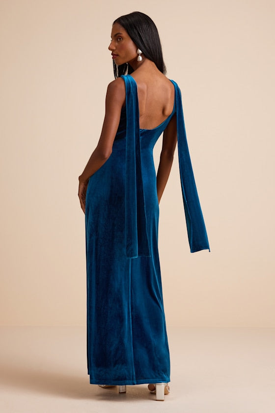 Liora Dark Teal Velvet Boat Neck Sash Maxi Dress #Color_Dark Teal