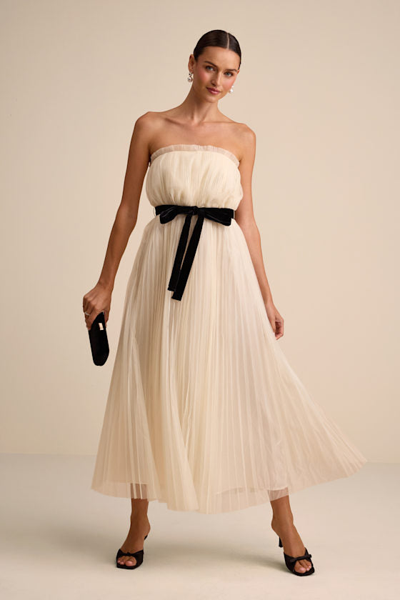 Ferreira Cream Tulle Pleated Bow Strapless Midi Dress