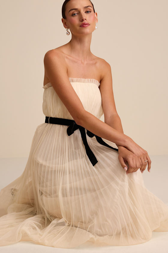 Ferreira Cream Tulle Pleated Bow Strapless Midi Dress