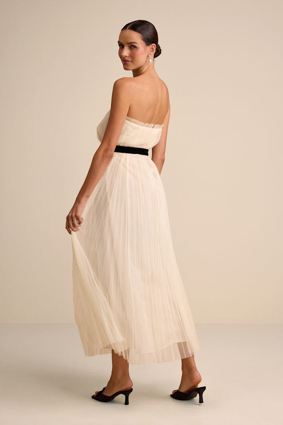 Ferreira Cream Tulle Pleated Bow Strapless Midi Dress