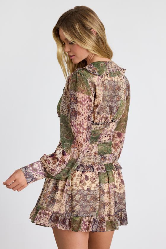Ismini Beige Multi Patchwork Long Sleeve Mini Dress