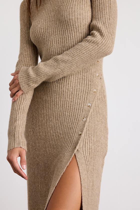 Rileynn Heathered Taupe Ribbed Sweater Midi Dress #Color_Heathered Taupe