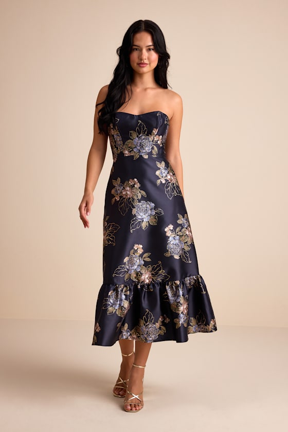 Yashelle Navy Floral Taffeta Strapless Tiered Corset Midi Dress #Color_Navy Floral