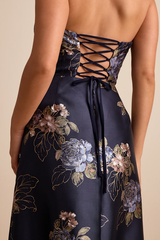 Yashelle Navy Floral Taffeta Strapless Tiered Corset Midi Dress #Color_Navy Floral