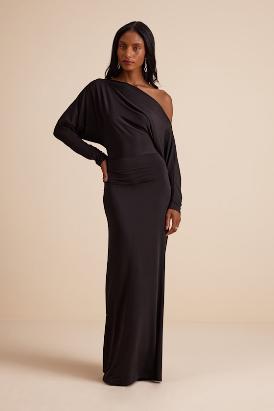 Valani Charcoal Jersey Knit Asymmetrical Long Sleeve Maxi Dress #Color_Black