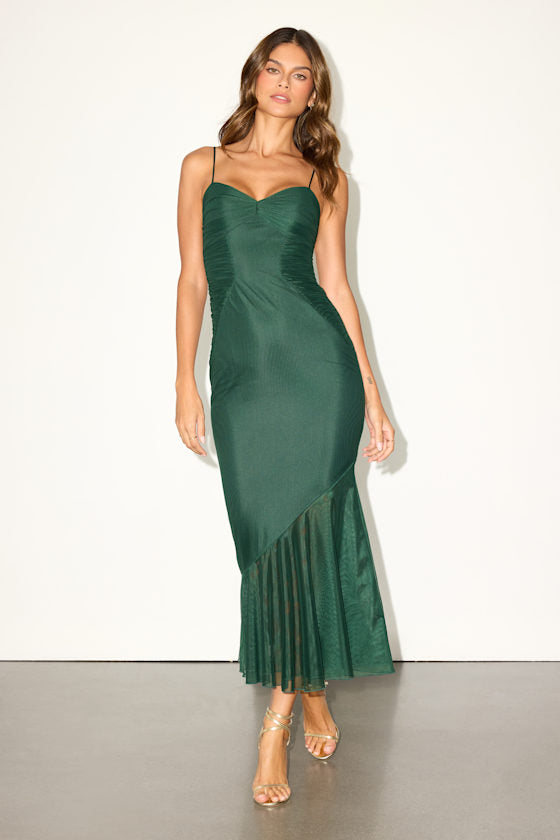 Giorgina Emerald Green Gathered Trumpet Midi Dress #Color_Emerald Green