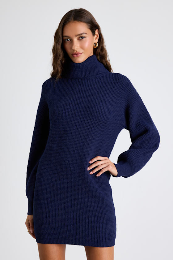 Casual Coziness Ivory Waffle Knit Cowl Neck Sweater Dress