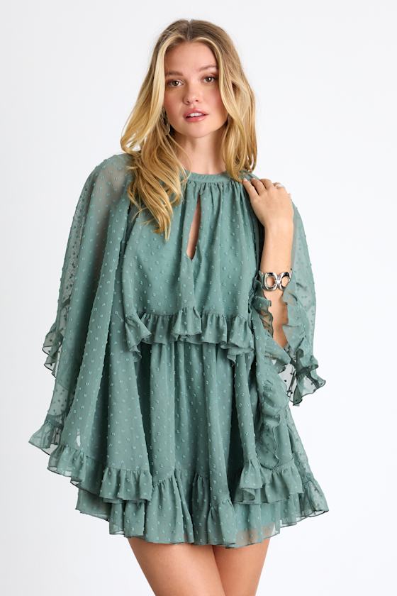 Rhozie Sage Blue Swiss Dot Cape Sleeve Tiered Mini Dress