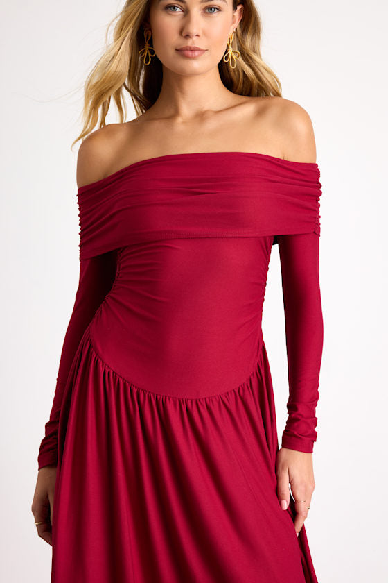 Sescca Wine Red Off-the-Shoulder Jersey Knit Maxi Dress #Color_Wine Red