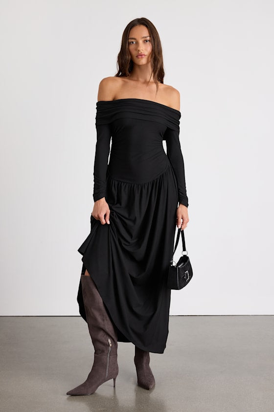 Sescca Black Off-the-Shoulder Jersey Knit Maxi Dress