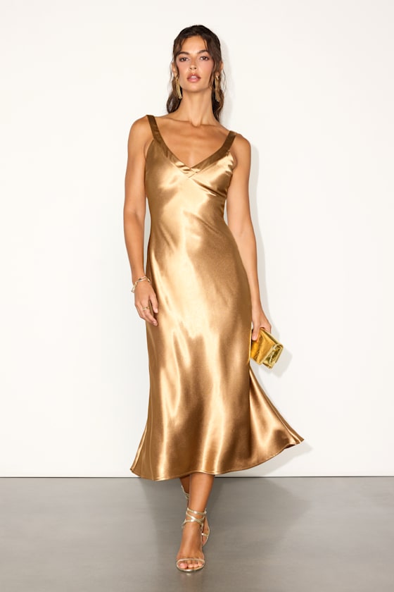 Perfectly Classy Rust Satin Strappy Midi Dress