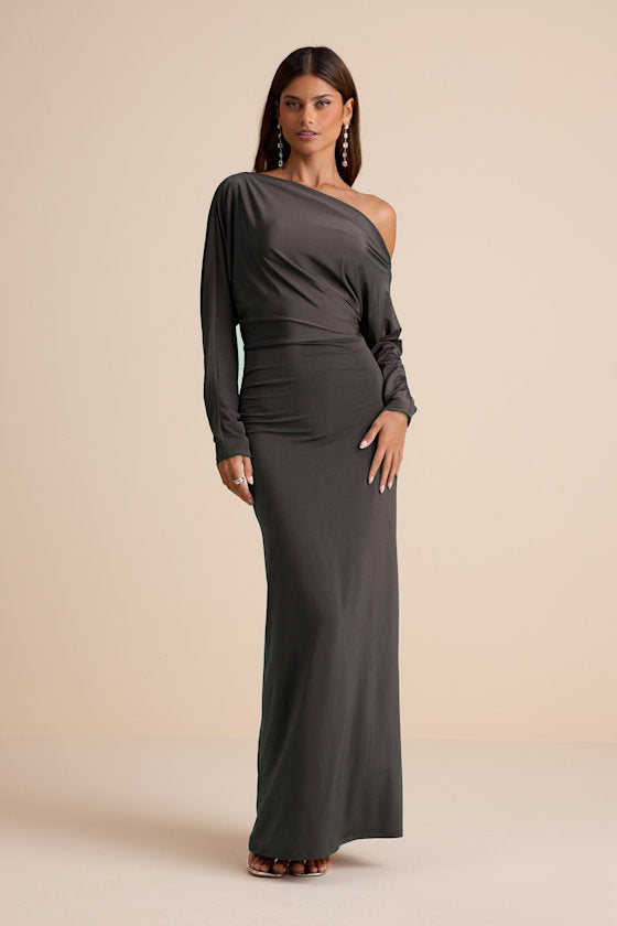 Valani Charcoal Jersey Knit Asymmetrical Long Sleeve Maxi Dress #Color_Charcoal