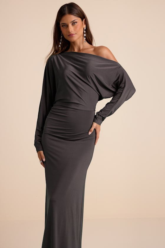 Valani Charcoal Jersey Knit Asymmetrical Long Sleeve Maxi Dress #Color_Charcoal