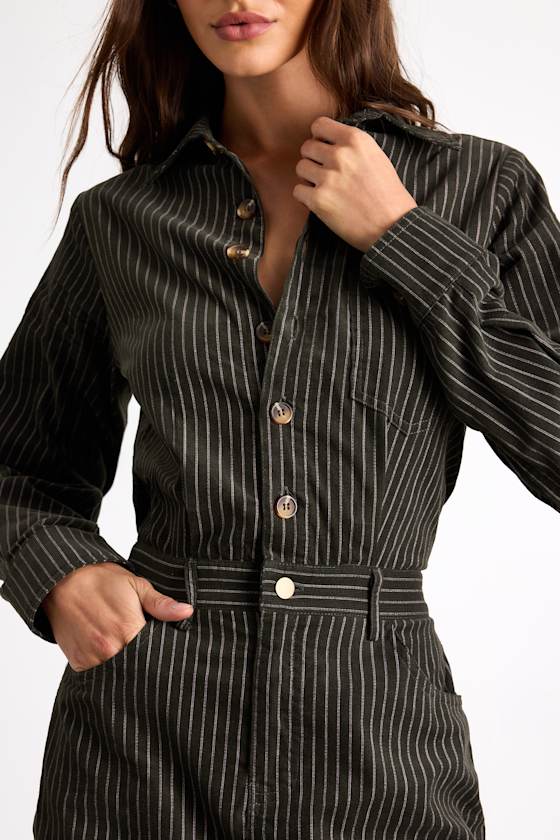 Divina Dark Olive Pinstriped Twill Collared Mini Dress