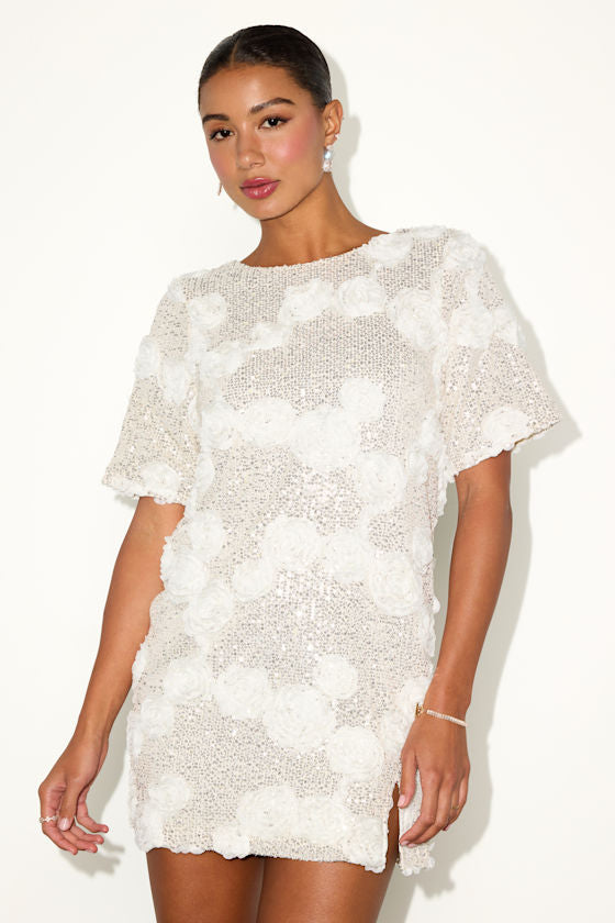 Kayleena Ivory Sequin Rosette Tie-Back Shift Dress #Color_Ivory