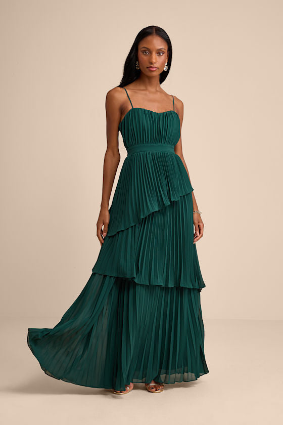 Jehona Dusty Blue Pleated Tiered Maxi Dress