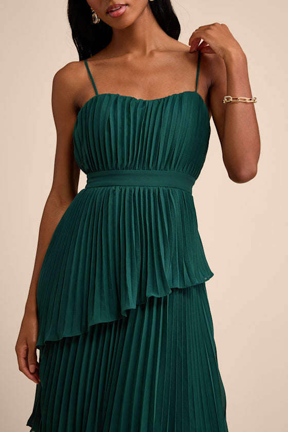 Jehona Dusty Blue Pleated Tiered Maxi Dress