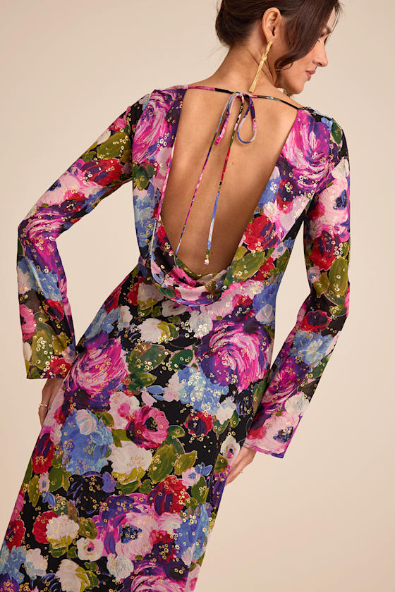 Merrit Black Multi Cowl Back Long Sleeve Maxi Dress #Color_Black Multi Floral