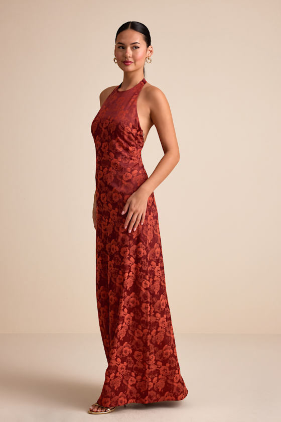Alaria Emerald Satin Jacquard Halter Neck Maxi Dress