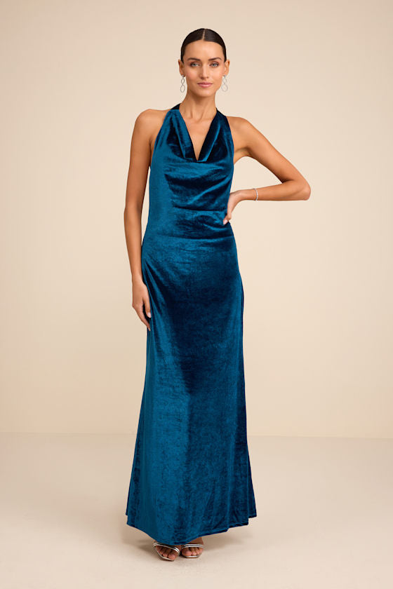 Elarina Champagne Velvet Cowl Halter Mermaid Maxi Dress