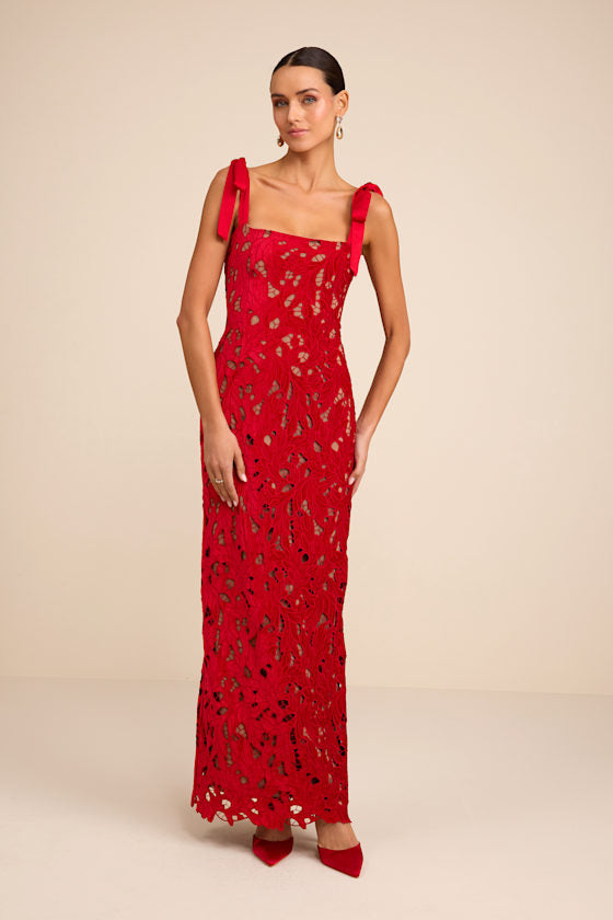 Ramsey Red Embroidered Tie-Strap Maxi Dress #Color_Red